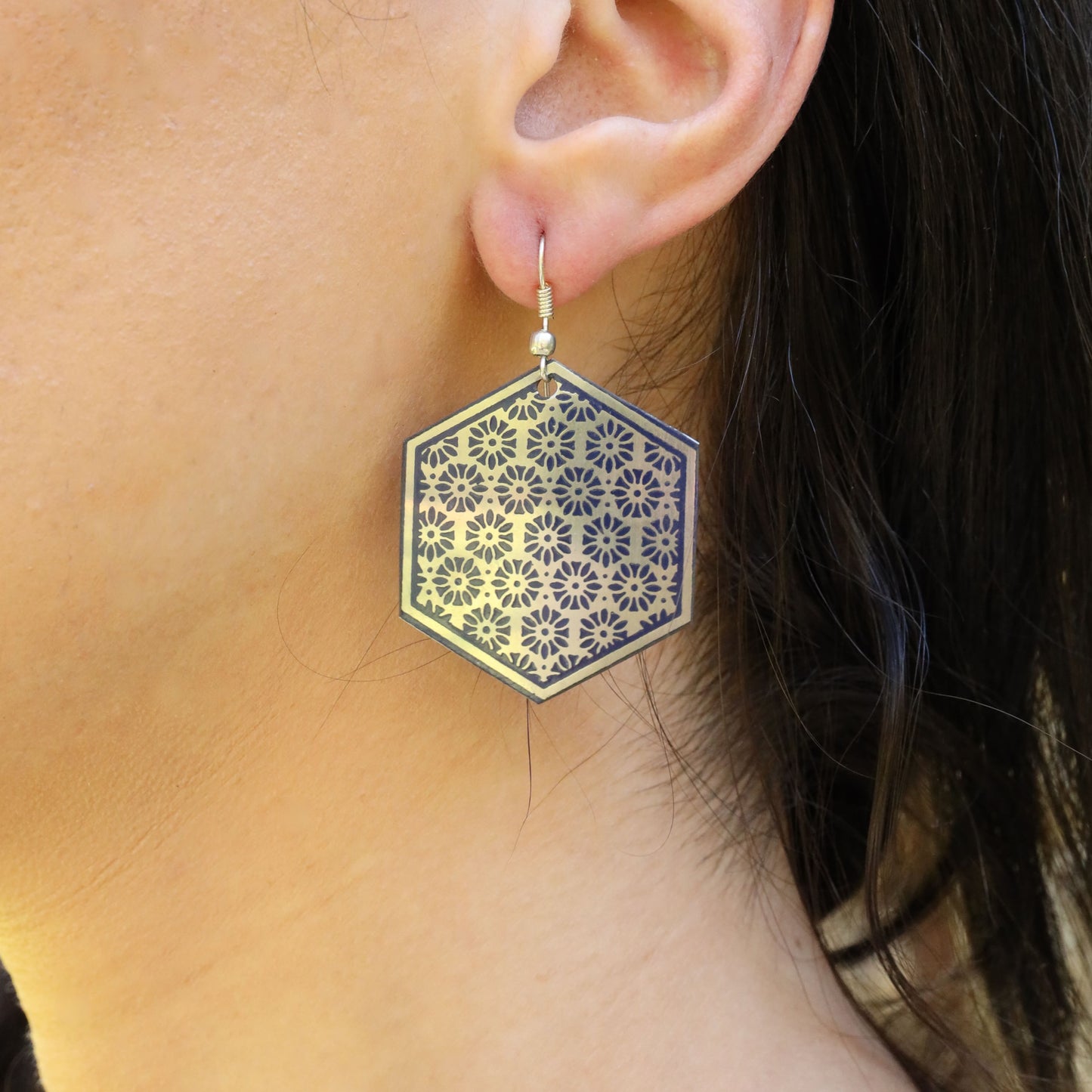 Metallic Earrings Silver Hexagon