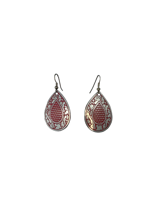 Metallic Earrings Red Teardrop