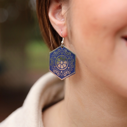 Metallic Earrings Dark Blue Hexagon